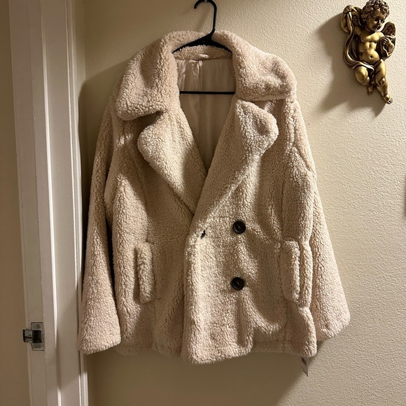 🍃 Free People Teddy Peacoat 🌸 size Medium 🍃 in color Oatmeal 🩷🍃 NWT - Picture 3 of 16